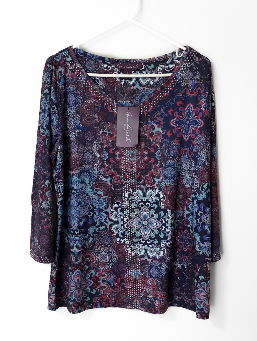 Gloria Vanderbilt Purple V-Neck Top Size Large